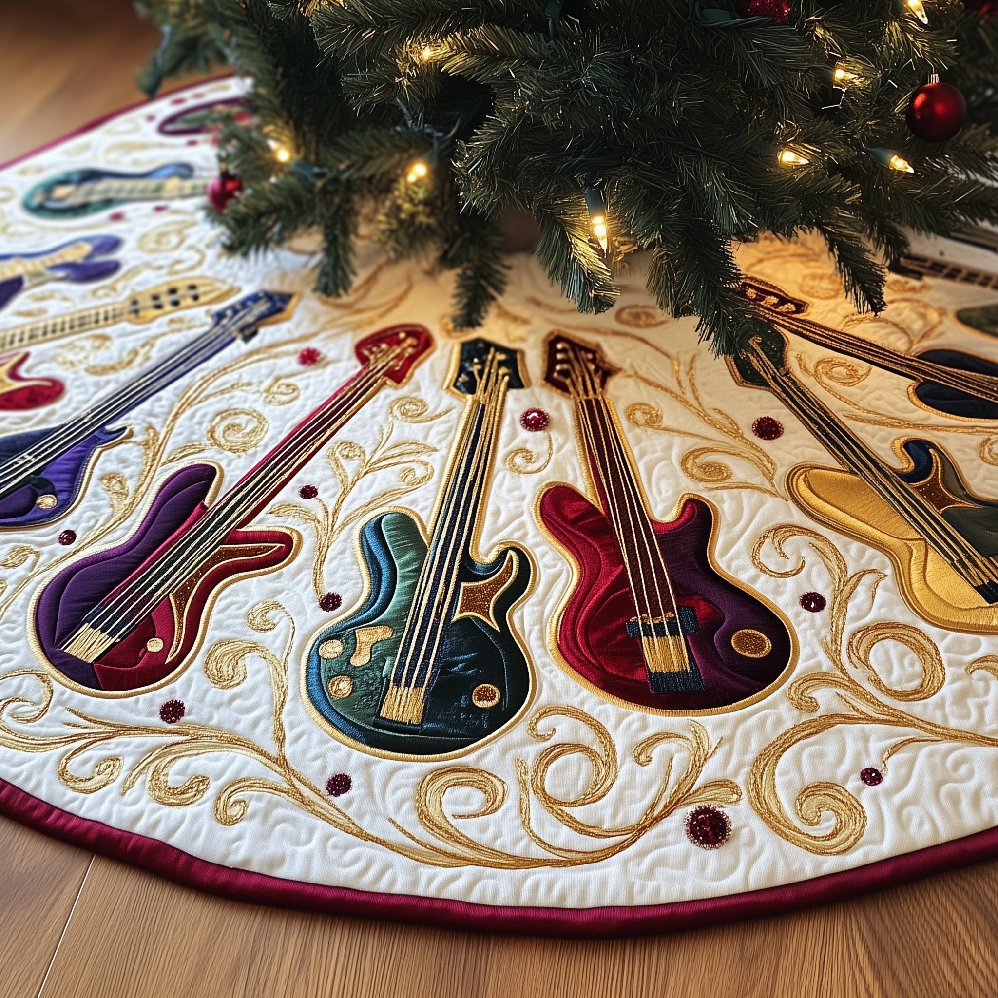 Guitars on Ivory Swirl Quilt Christmas Tree Skirt
