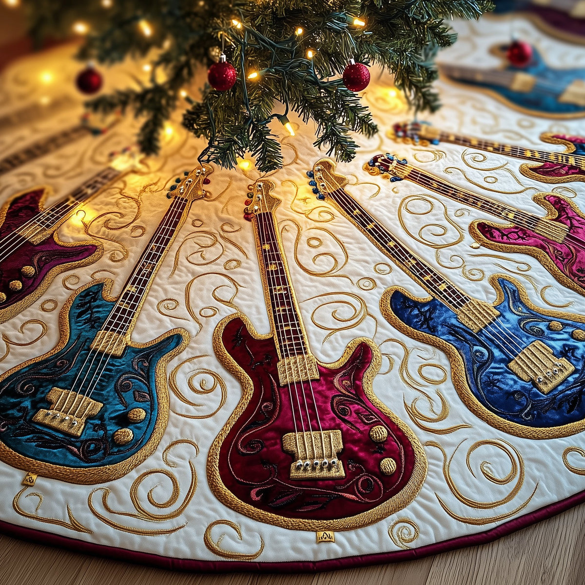 Blue and Red Guitars on Cream Christmas Tree Skirt
