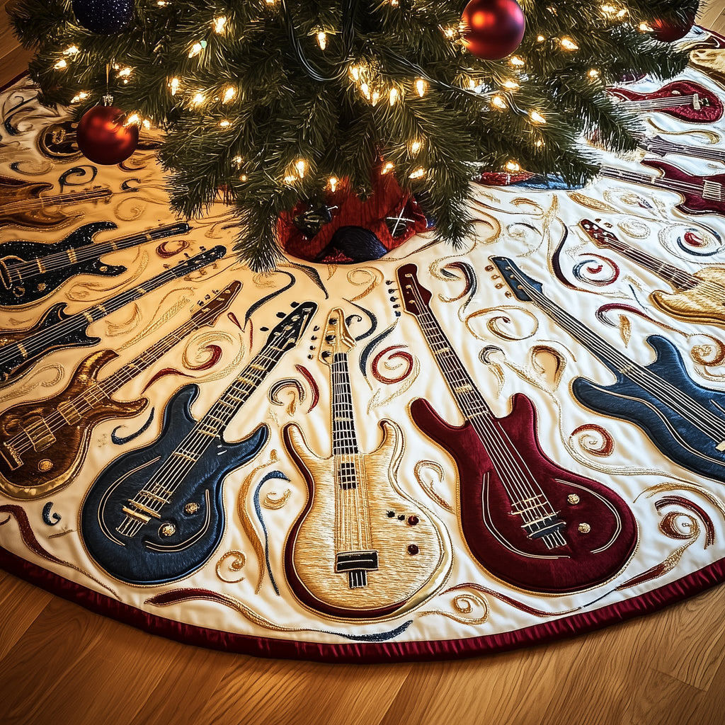 Dark Red and Blue Guitars Cream Christmas Tree Skirt