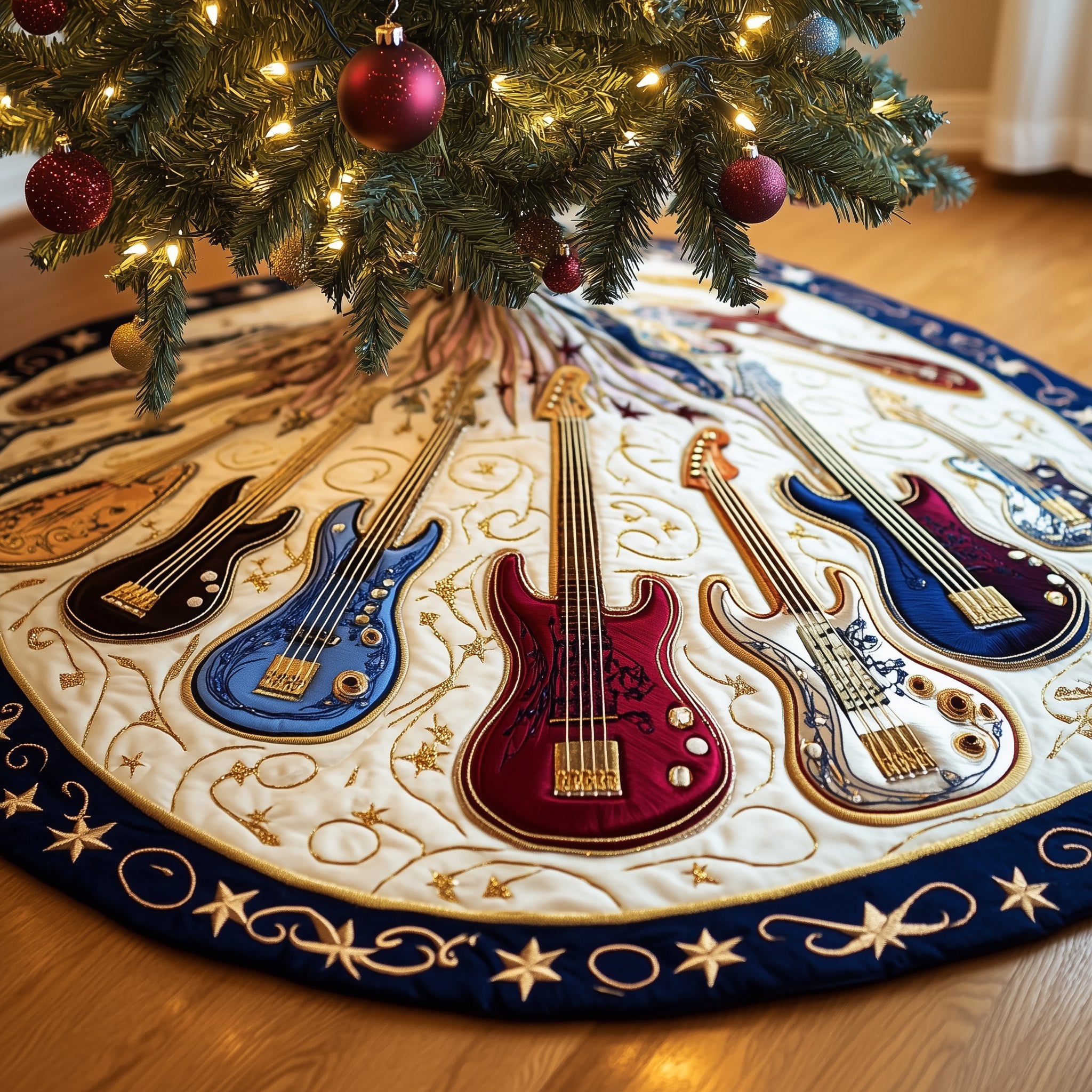 Guitars with Navy Star Border Christmas Tree Skirt