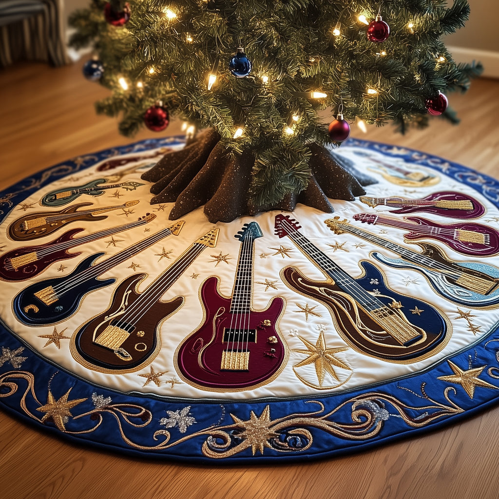 Guitars with Blue Swirl Border Christmas Tree Skirt