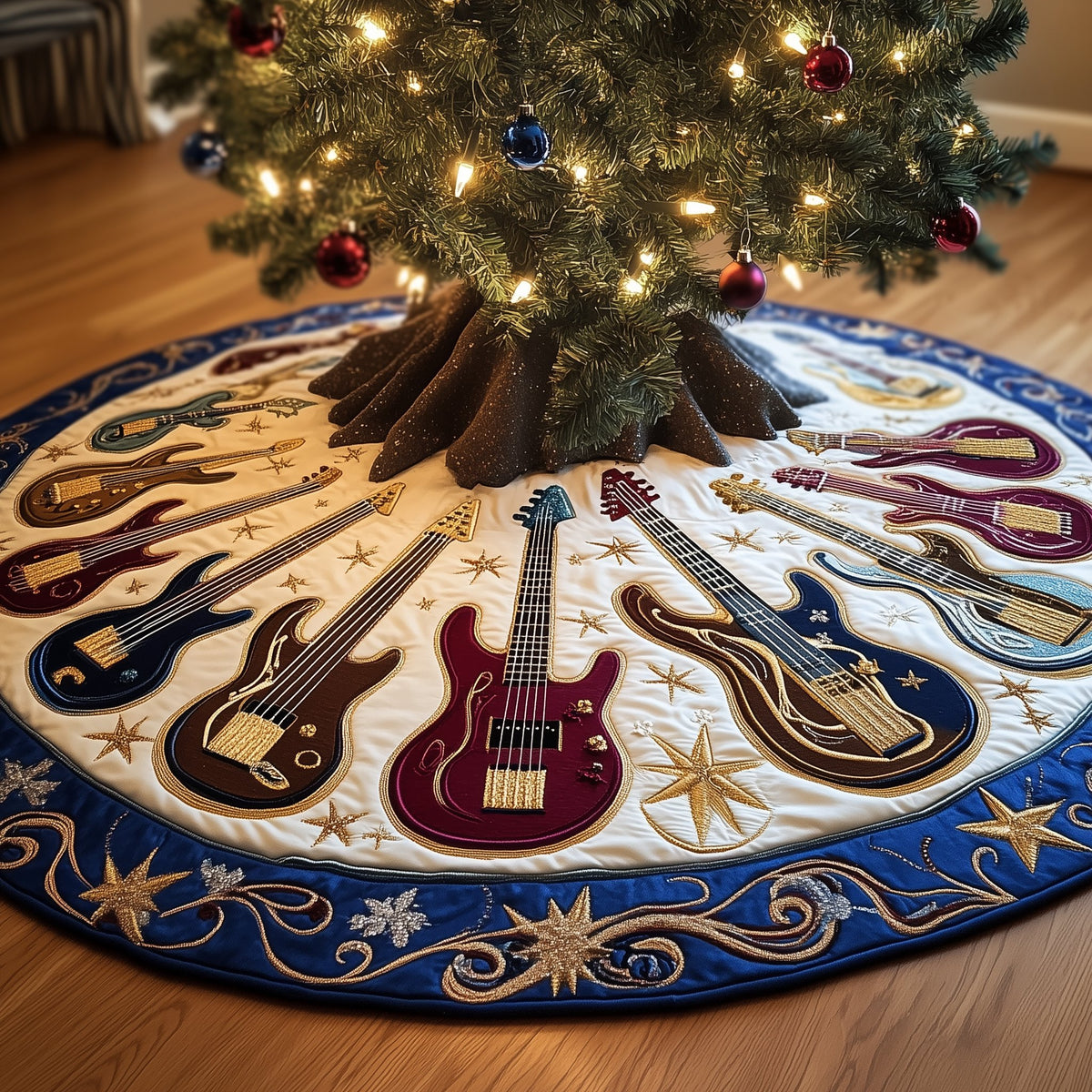 Guitars with Blue Swirl Border Christmas Tree Skirt