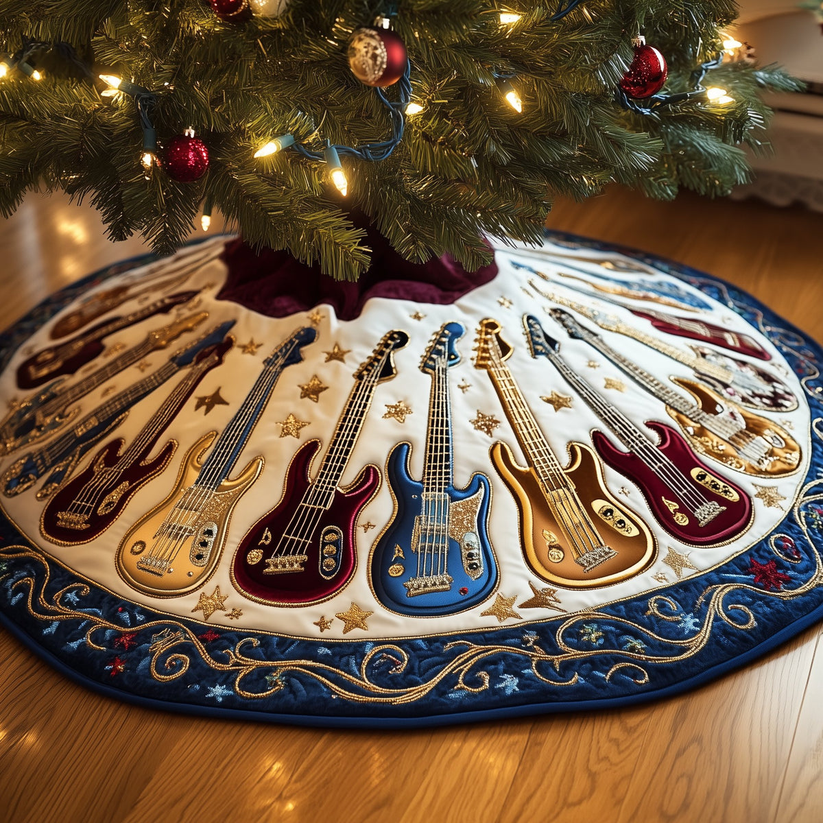Guitars on Cream Navy Scallop Christmas Tree Skirt