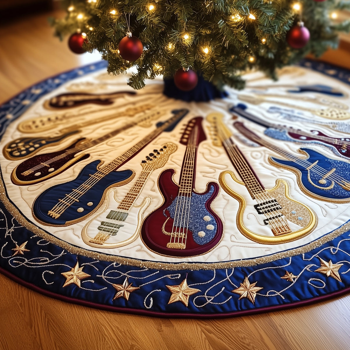 Guitars with Golden Star Band Christmas Tree Skirt