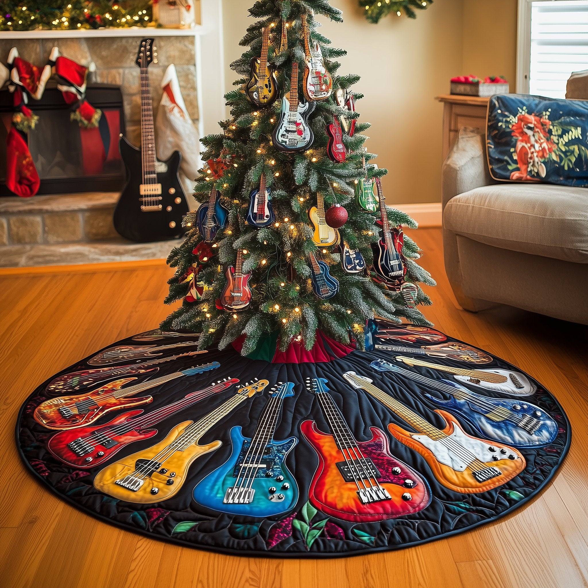 Colorful Guitars on Dark Navy Christmas Tree Skirt