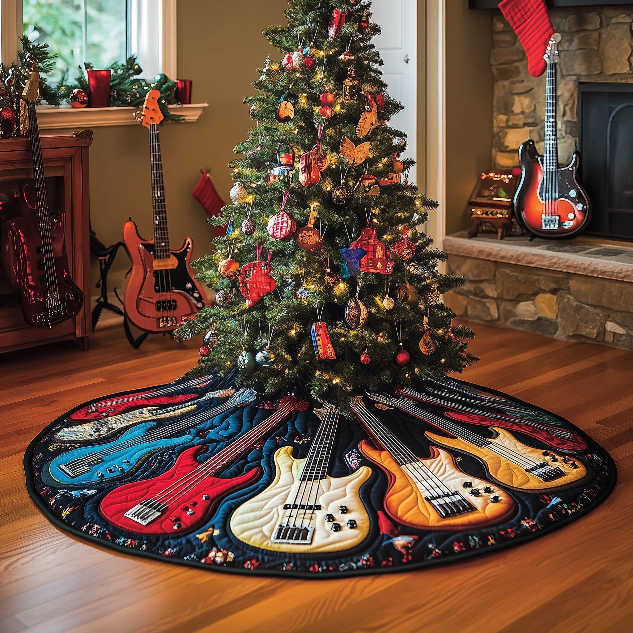 Red and Blue Guitars on Navy Christmas Tree Skirt