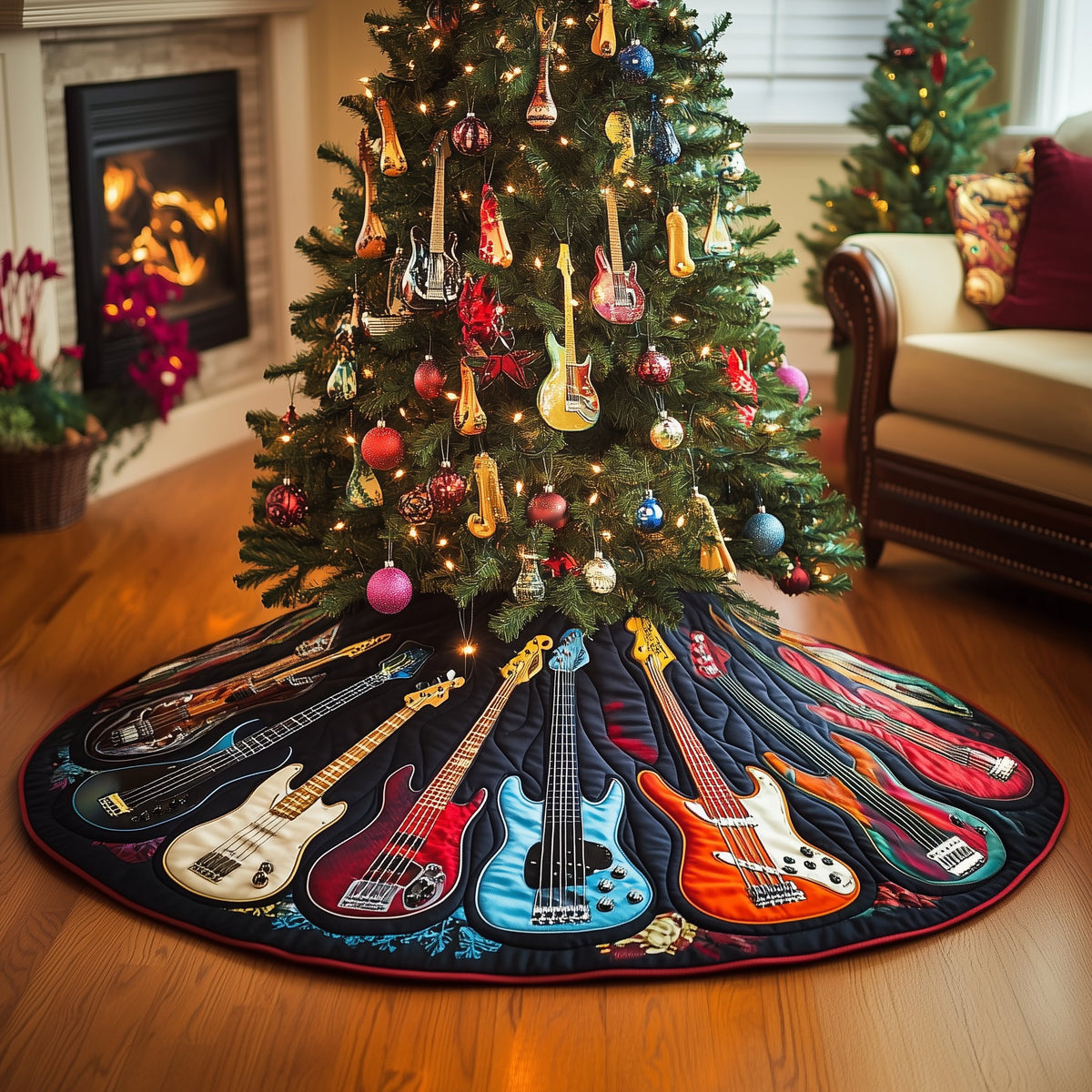Guitar Collection on Navy Christmas Tree Skirt