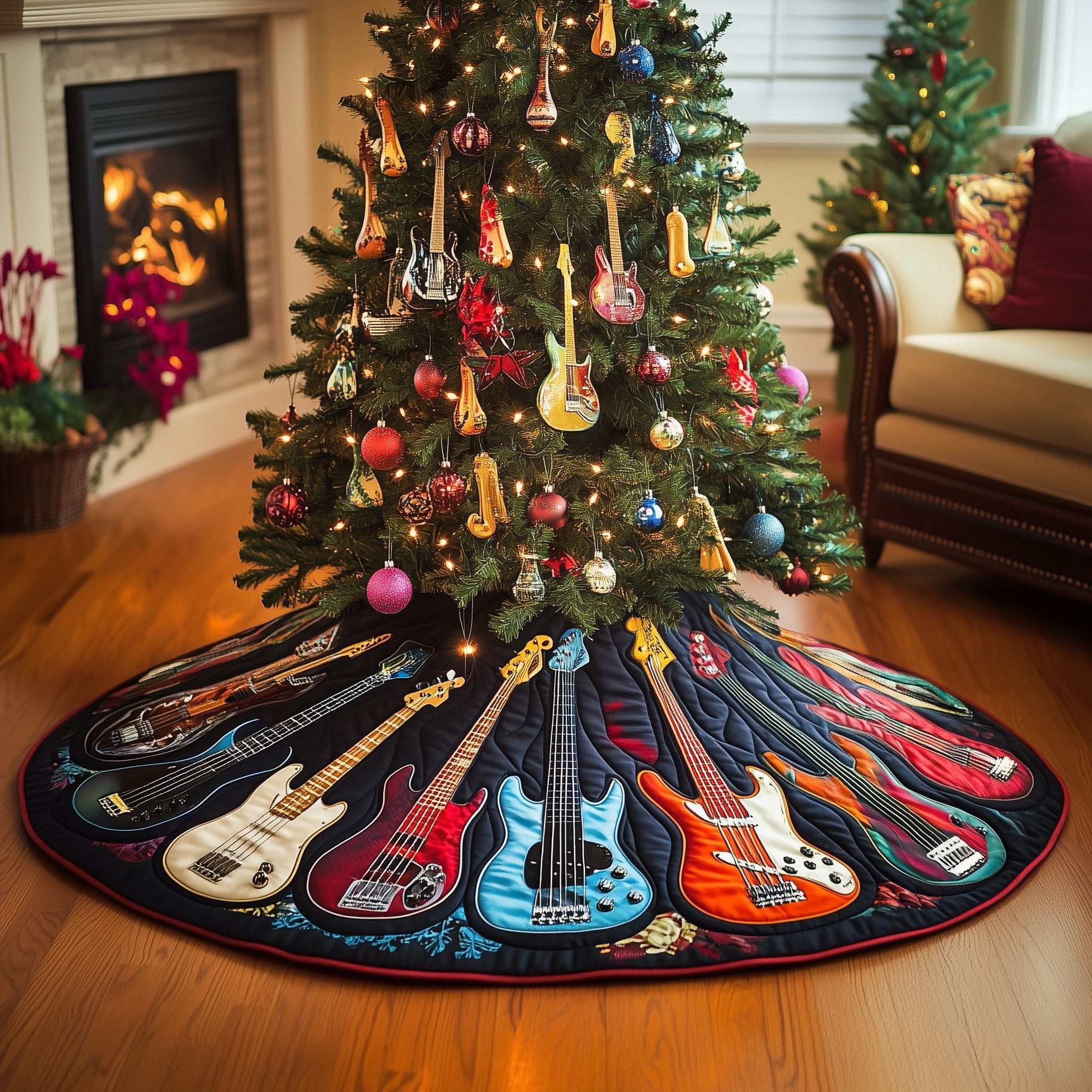 Guitar Collection on Navy Christmas Tree Skirt