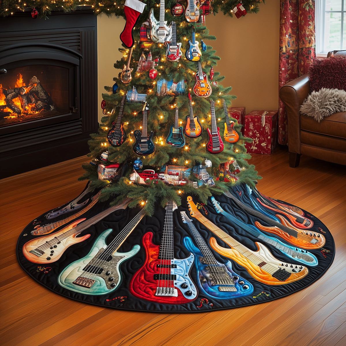 Guitars on Midnight Blue Christmas Tree Skirt