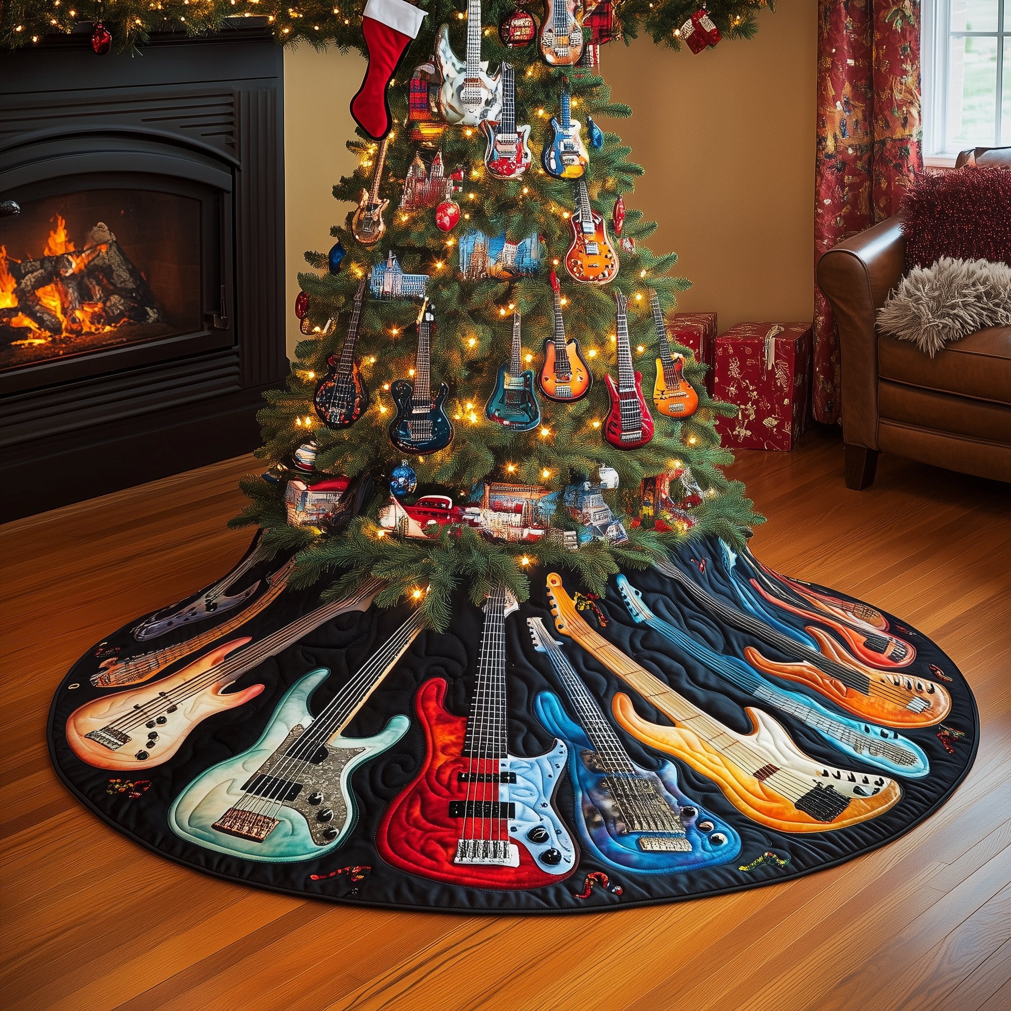 Guitars on Midnight Blue Christmas Tree Skirt