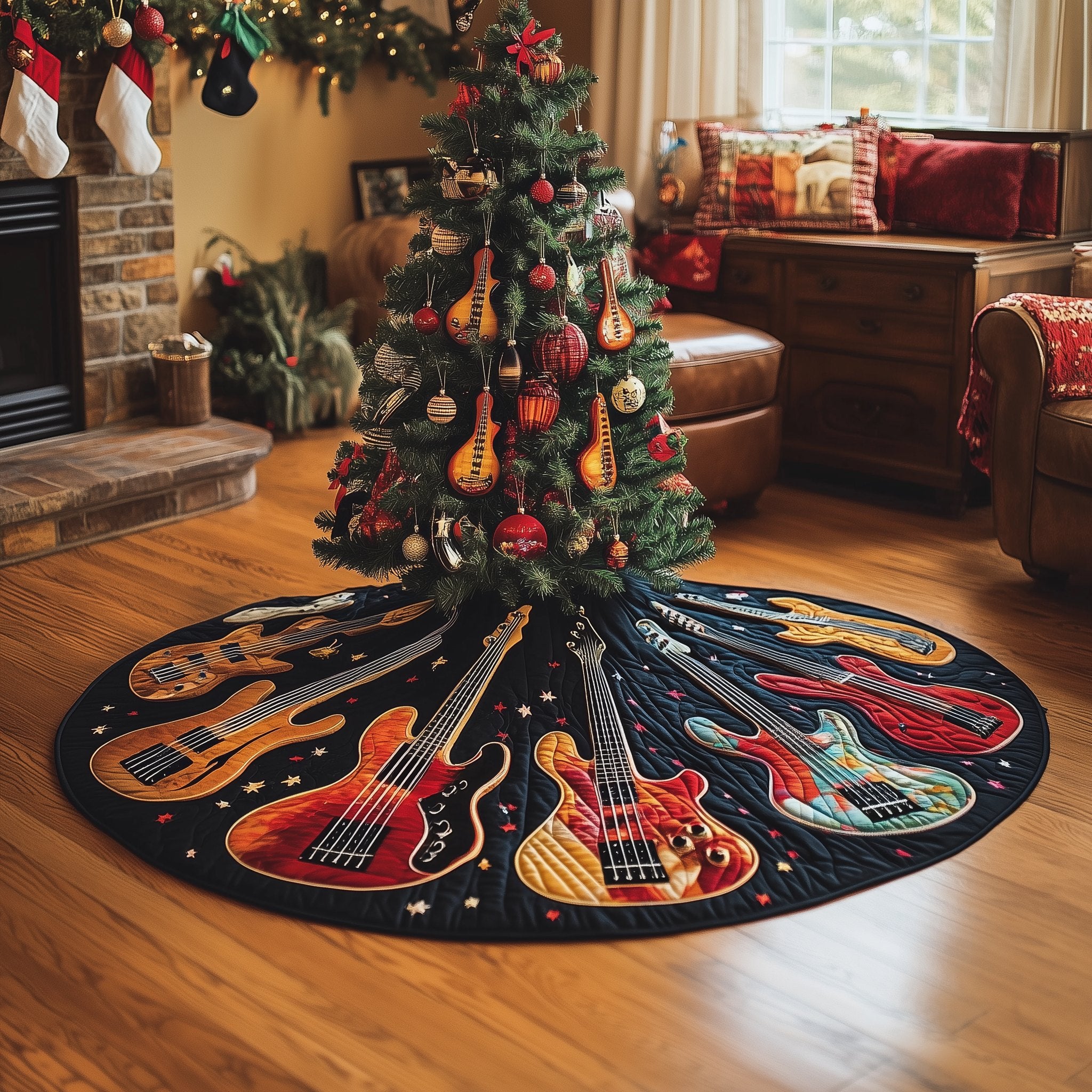 Guitars on Black with Gold Accents Christmas Tree Skirt