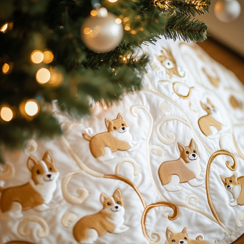 Little Corgis on White Gold Swirl Christmas Tree Skirt