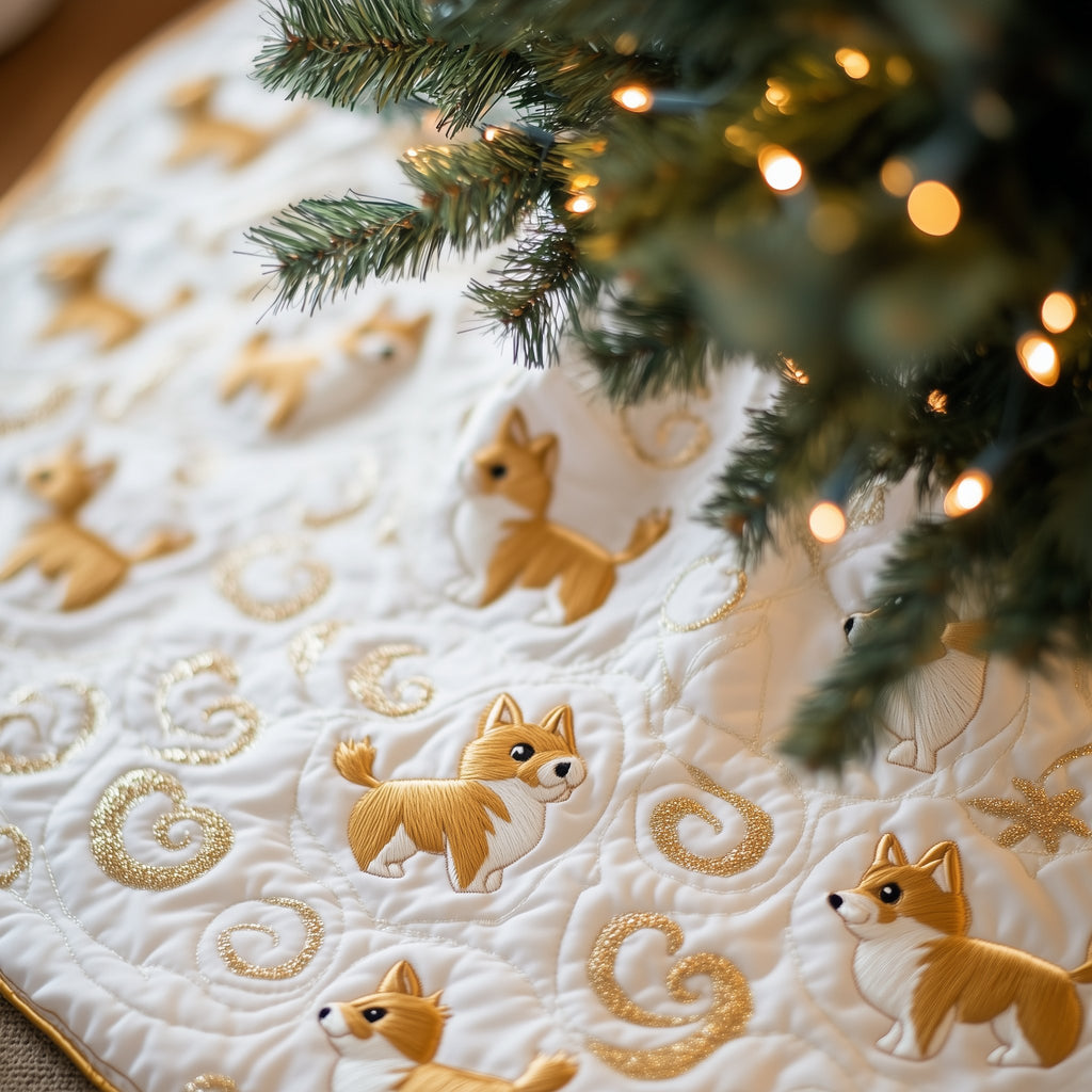 Corgis on Soft White Swirls Christmas Tree Skirt