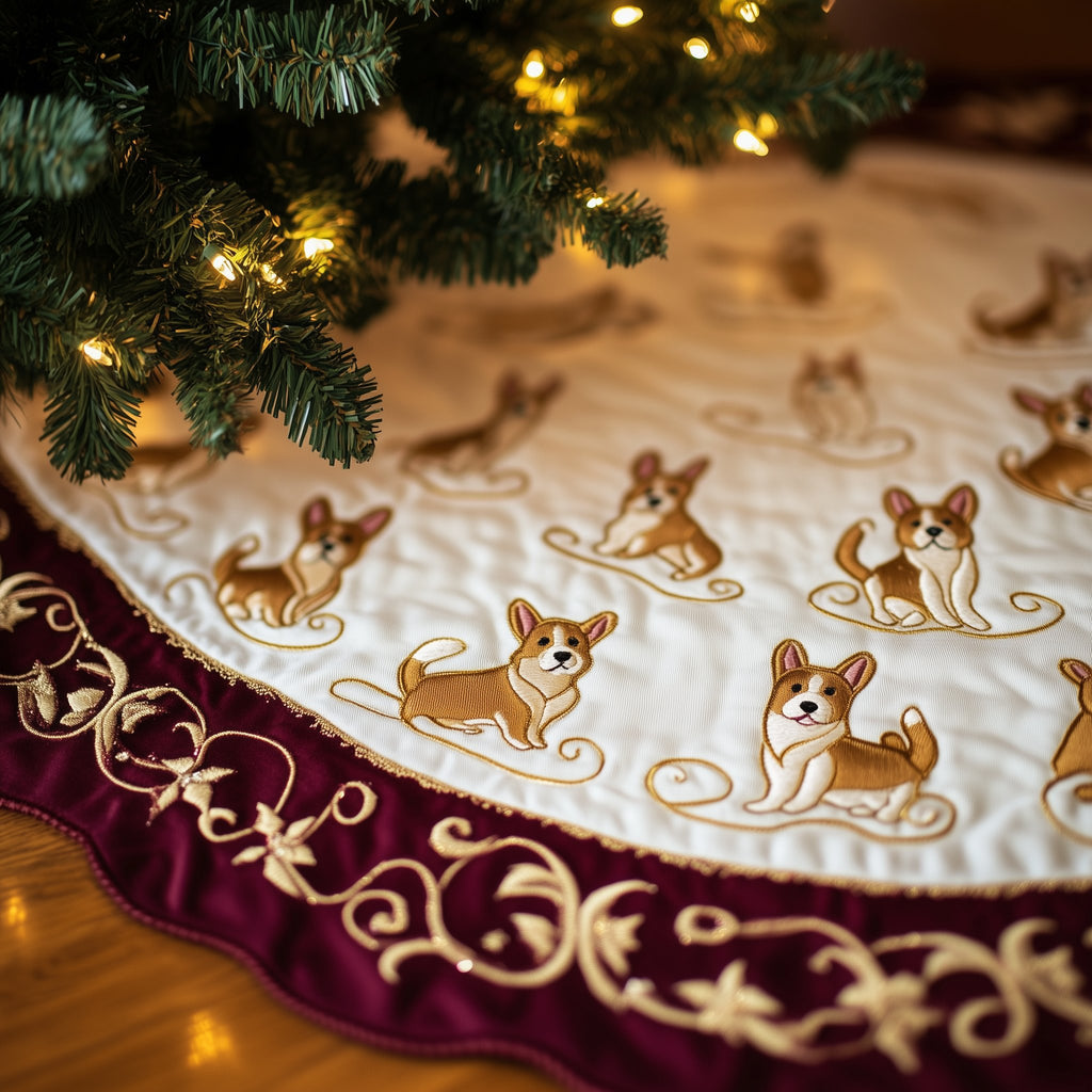 Corgis with Burgundy Gold Border Christmas Tree Skirt