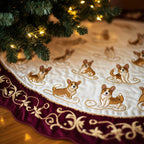 Corgis with Burgundy Gold Border Christmas Tree Skirt