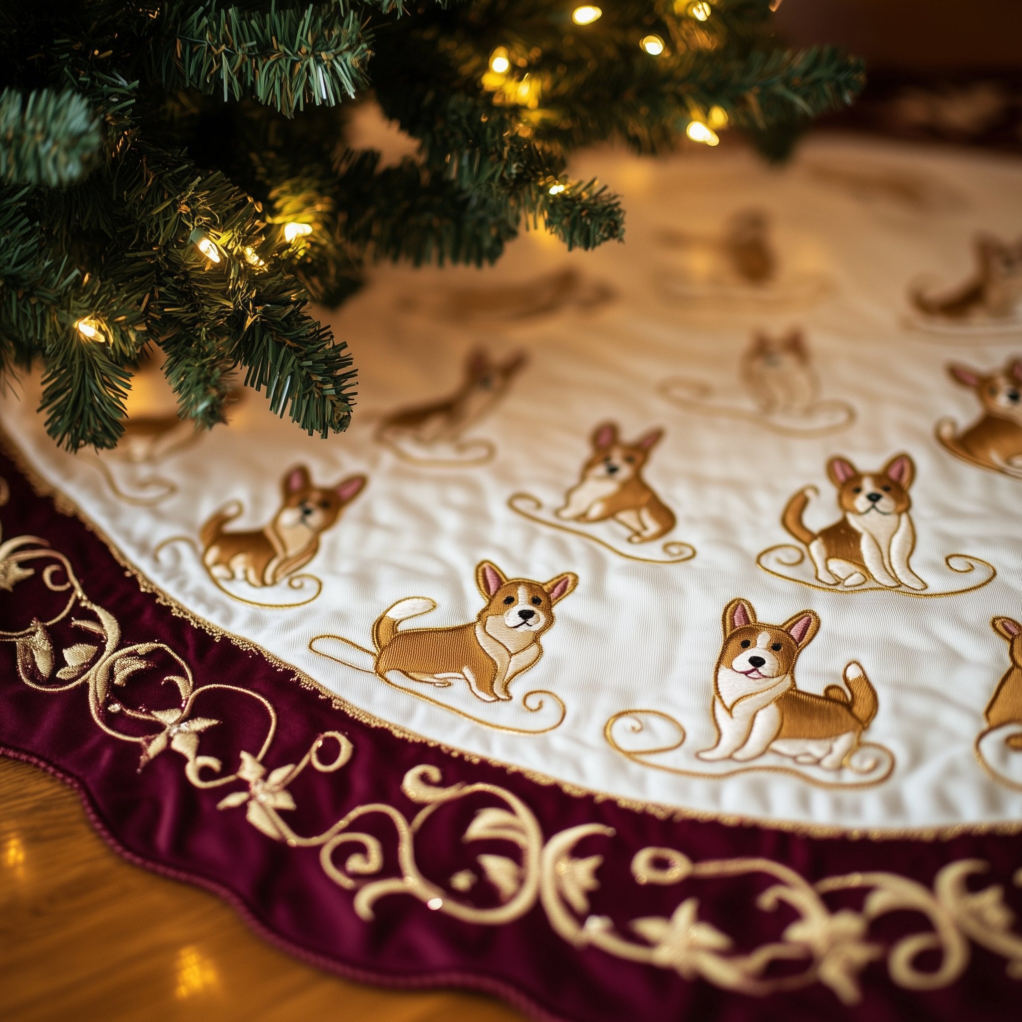 Corgis with Burgundy Gold Border Christmas Tree Skirt