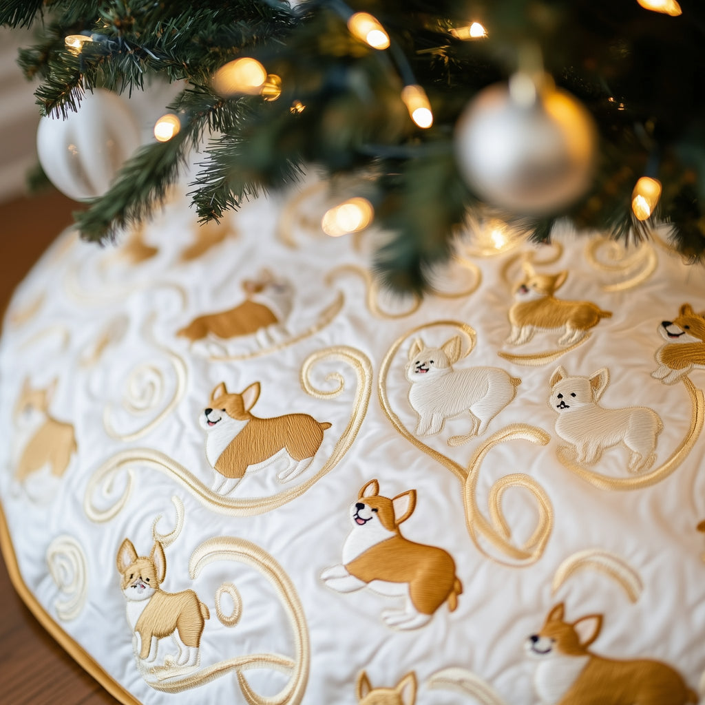 Corgis on Pale Gold Swirls Christmas Tree Skirt