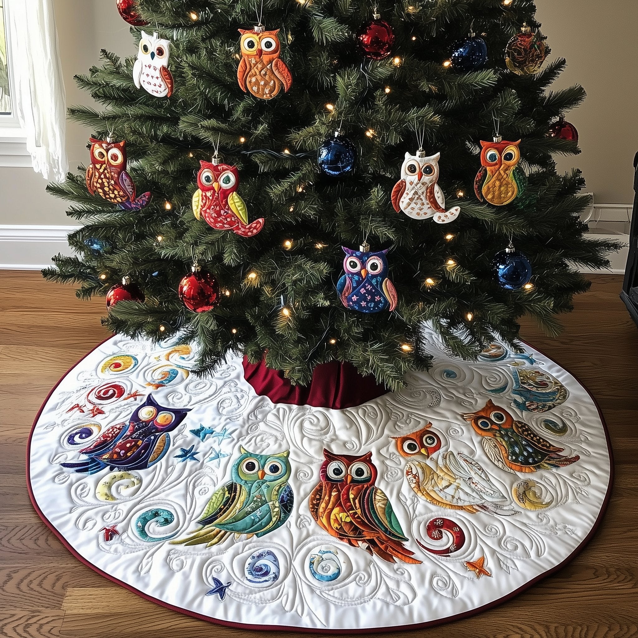 Colorful Owls on White Swirls Christmas Tree Skirt