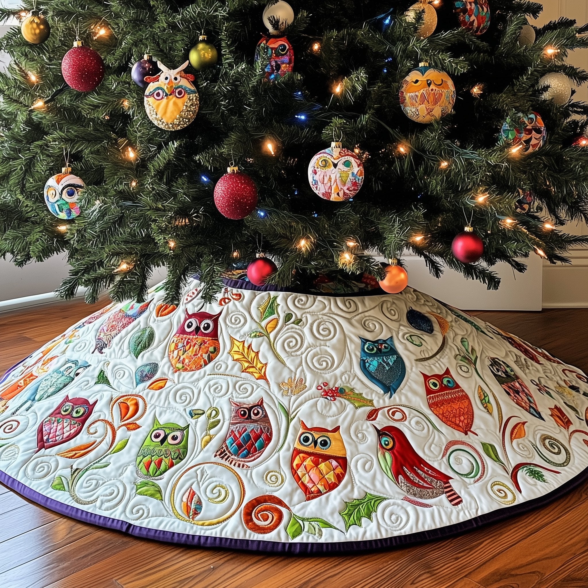 Bright Owl Ring on White Christmas Tree Skirt