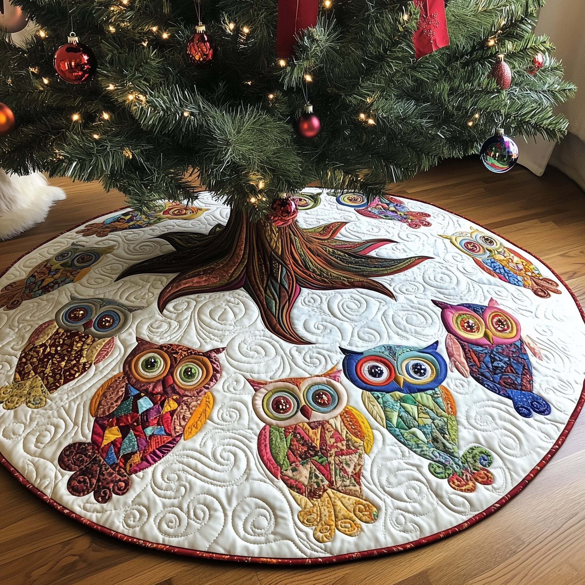Jewel Toned Owls Around the Tree Christmas Tree Skirt