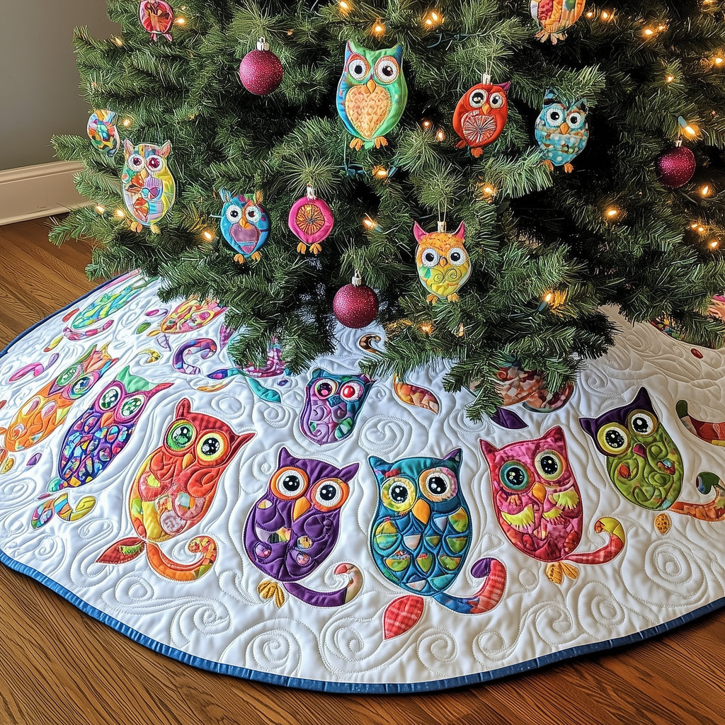 Row of Rainbow Owls on White Christmas Tree Skirt