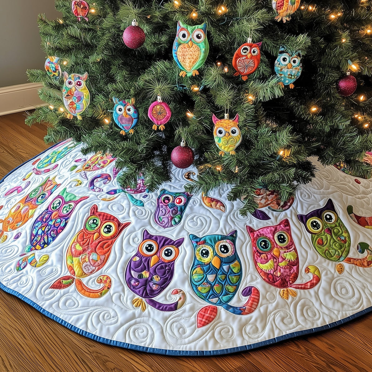 Row of Rainbow Owls on White Christmas Tree Skirt