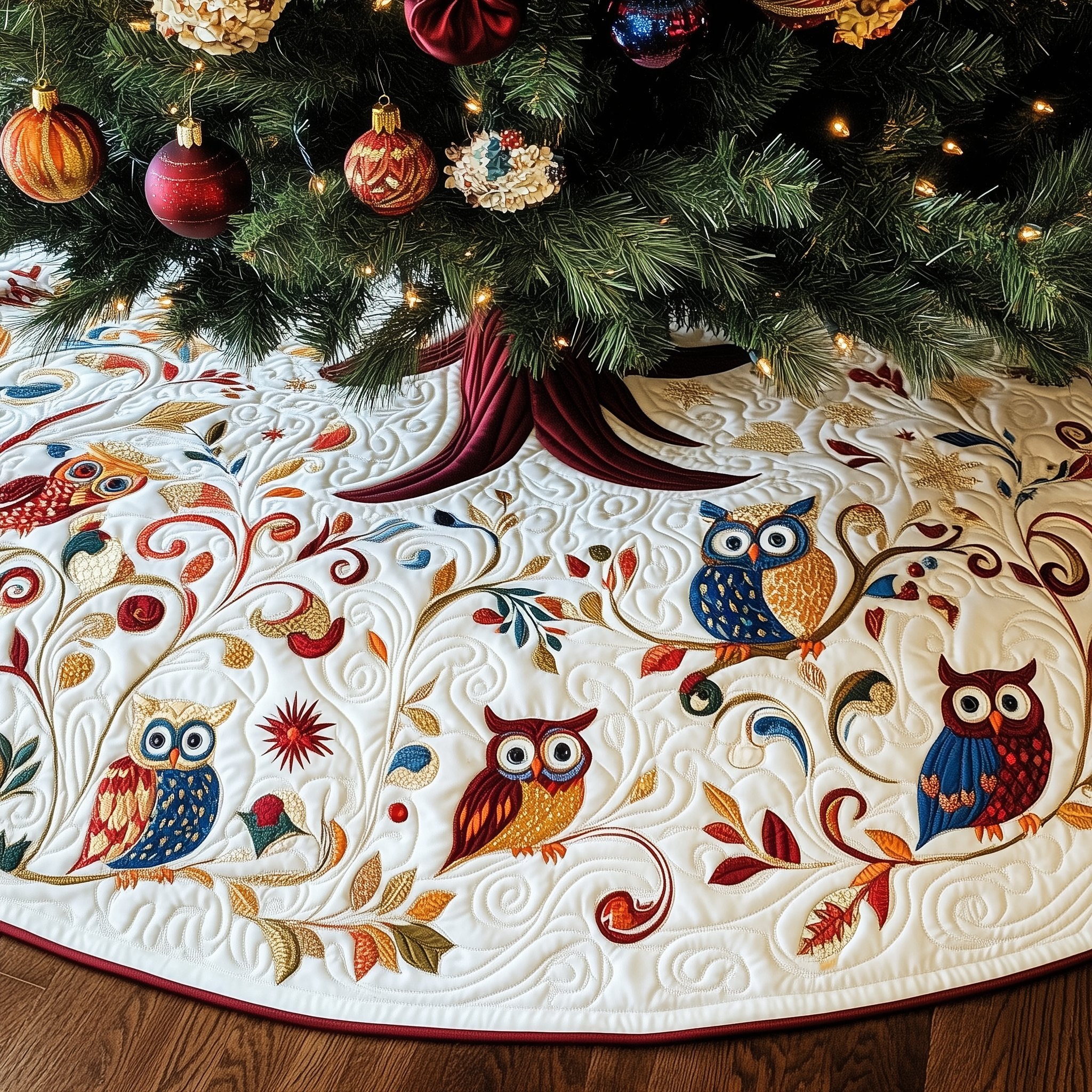 Owls Among the Autumn Leaves Christmas Tree Skirt
