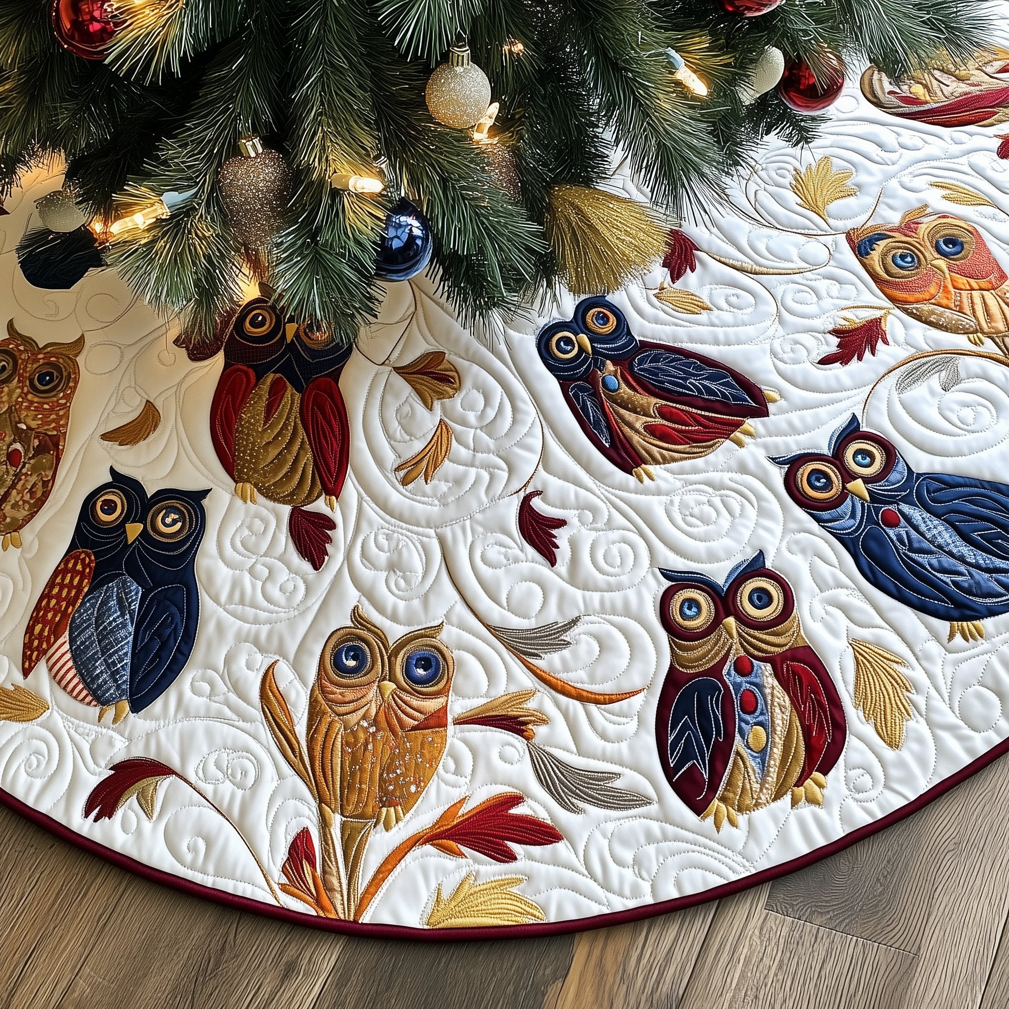 Navy and Burgundy Owls with Leaves Christmas Tree Skirt
