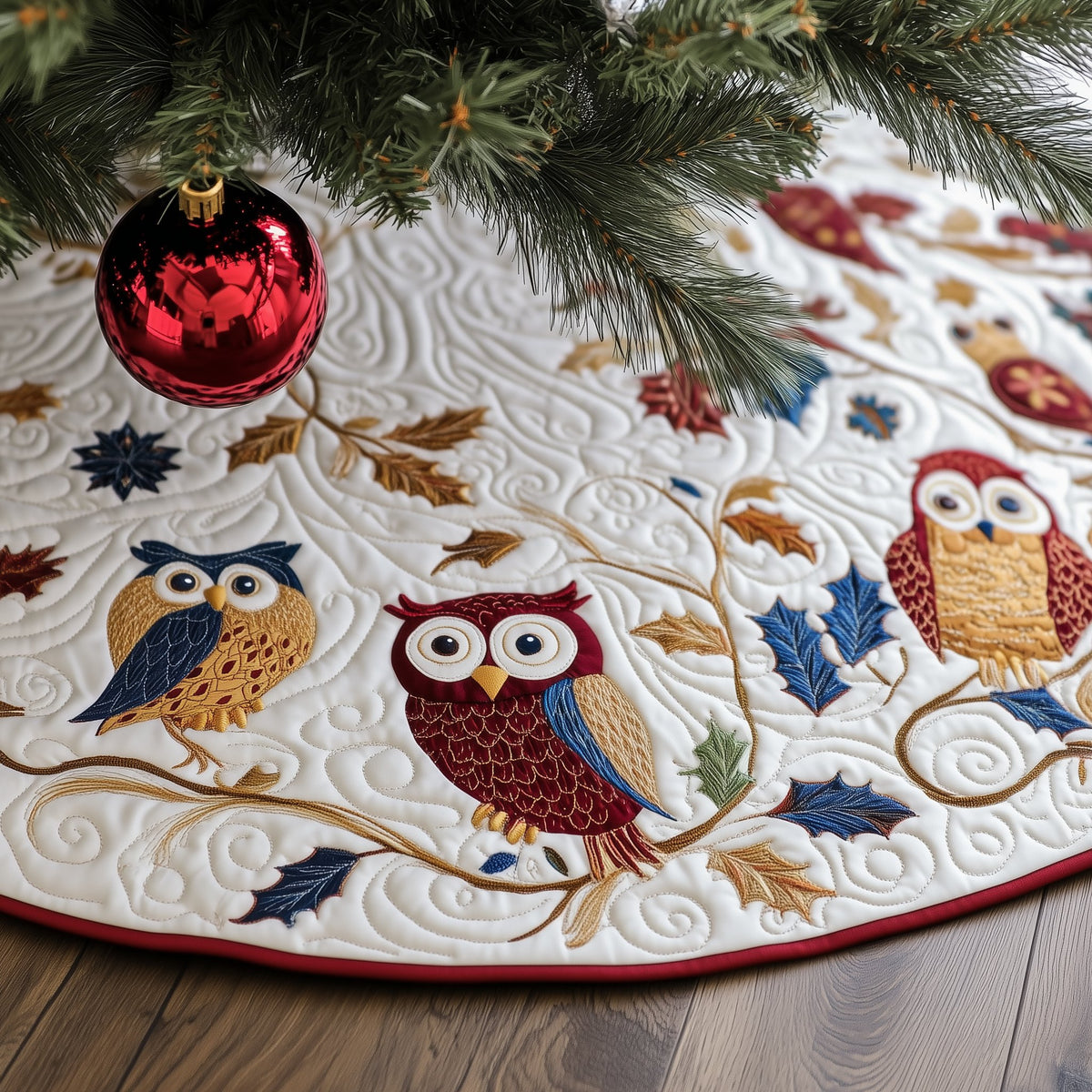 Two Owls on the Golden Branch Christmas Tree Skirt