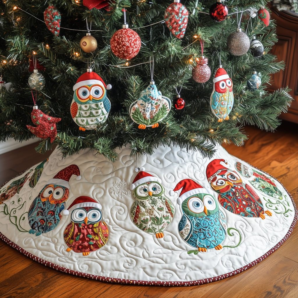 Owl Family in Santa Hats Christmas Tree Skirt