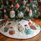 Owl Family in Santa Hats Christmas Tree Skirt