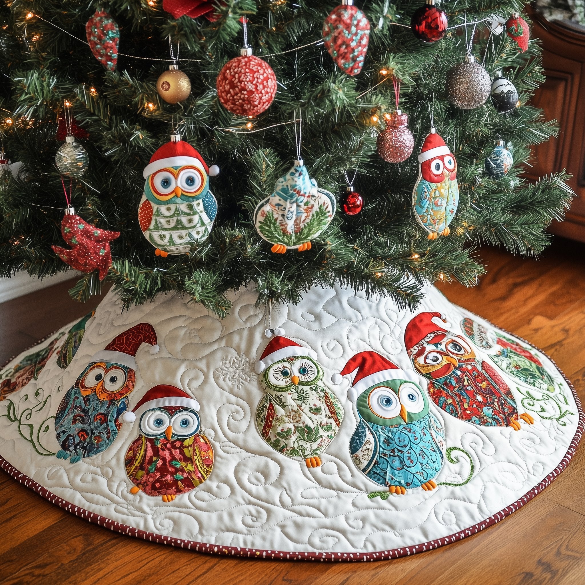 Owl Family in Santa Hats Christmas Tree Skirt