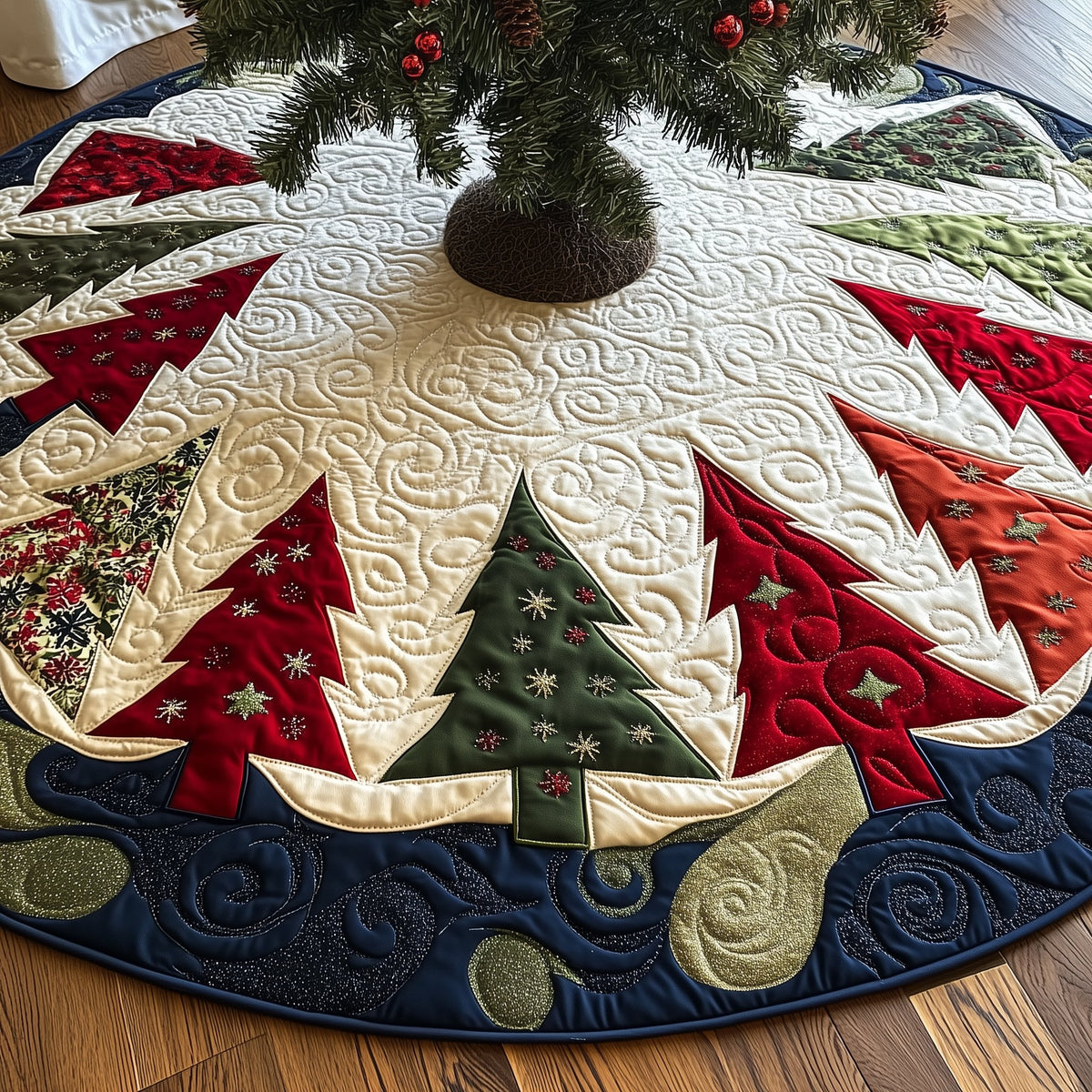 Patch Trees on the Navy Hem Christmas Tree Skirt