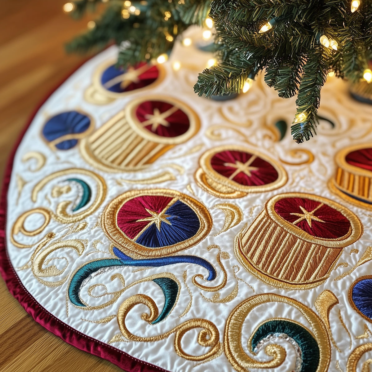 Toy Drums on the Gold Swirl Christmas Tree Skirt
