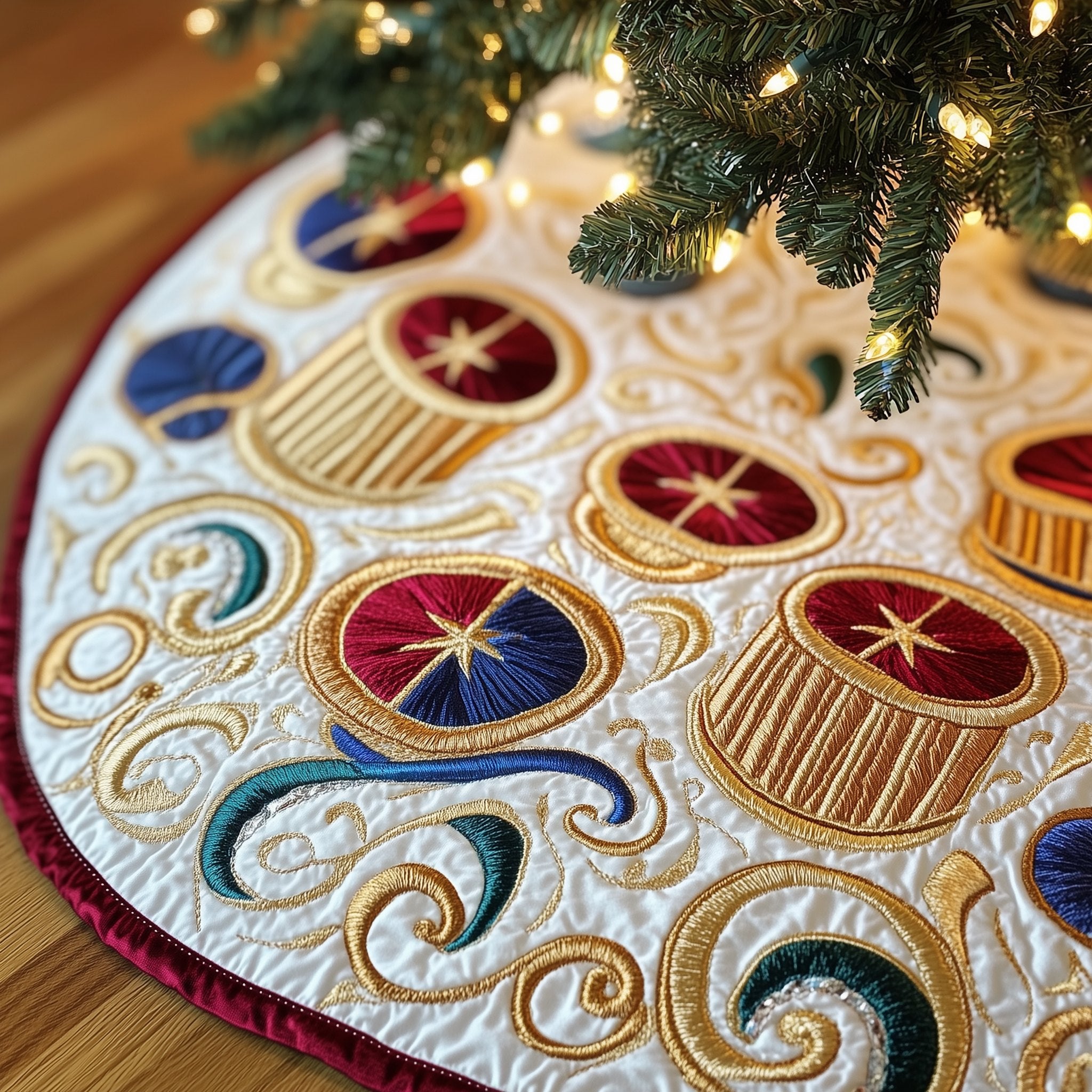 Toy Drums on the Gold Swirl Christmas Tree Skirt