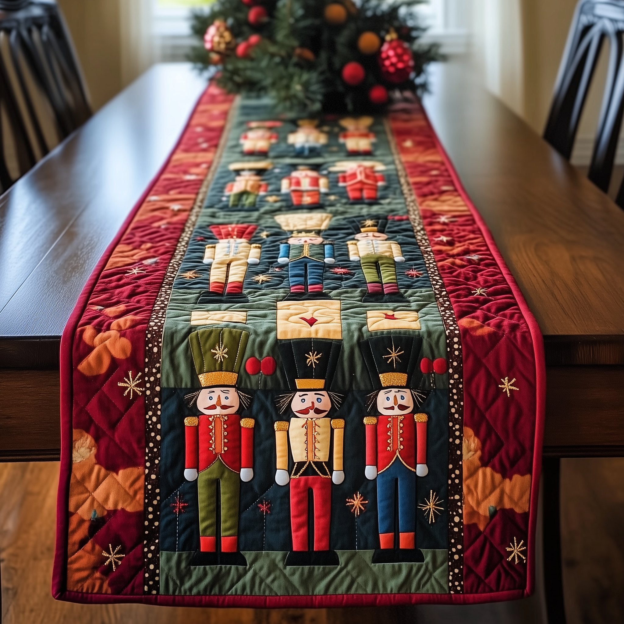 Nutcrackers on Green with Gold Stars Table Runner