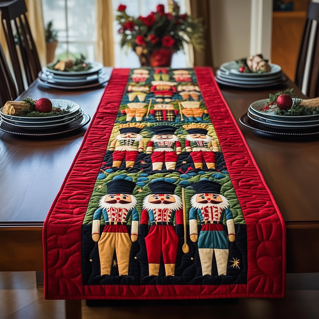 Rows of Nutcrackers on Red Table Runner