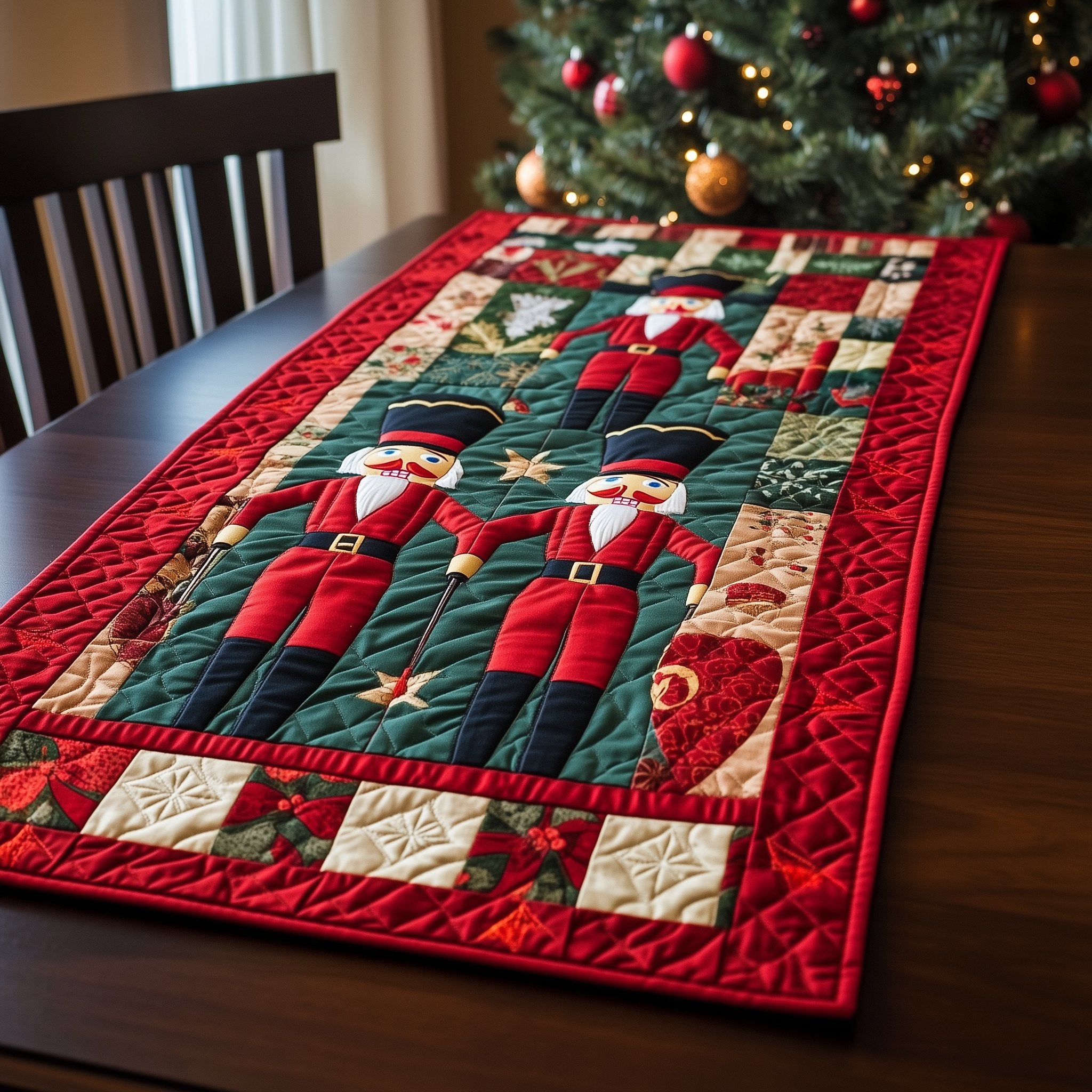 Two Santas on Green Patchwork Table Runner