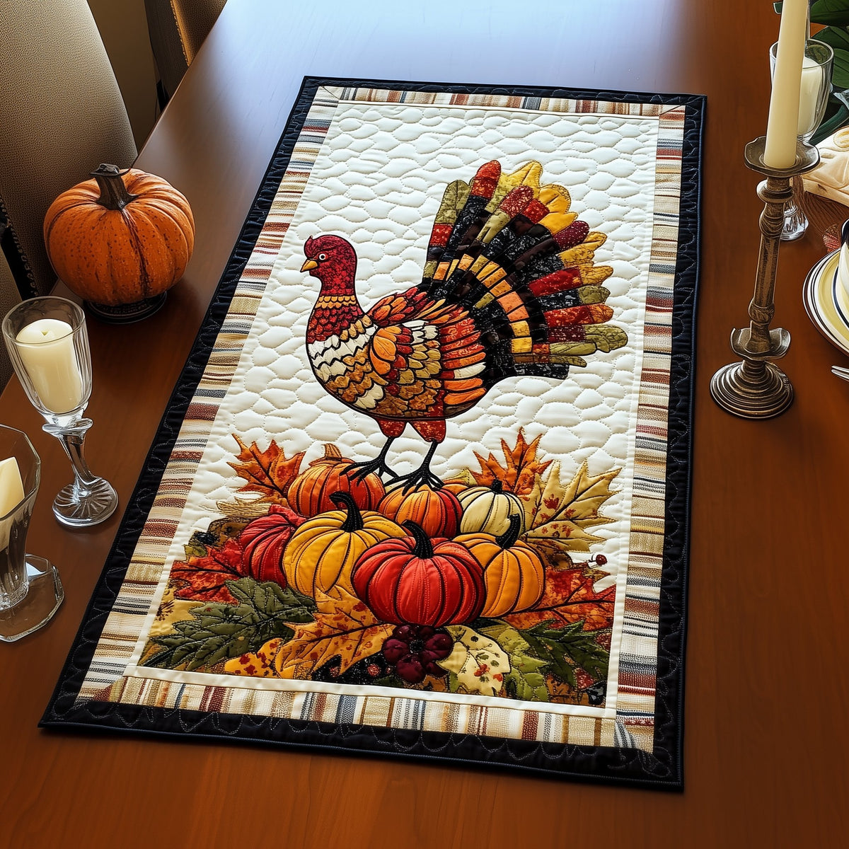 Turkey with Pumpkins on Stripes Table Runner