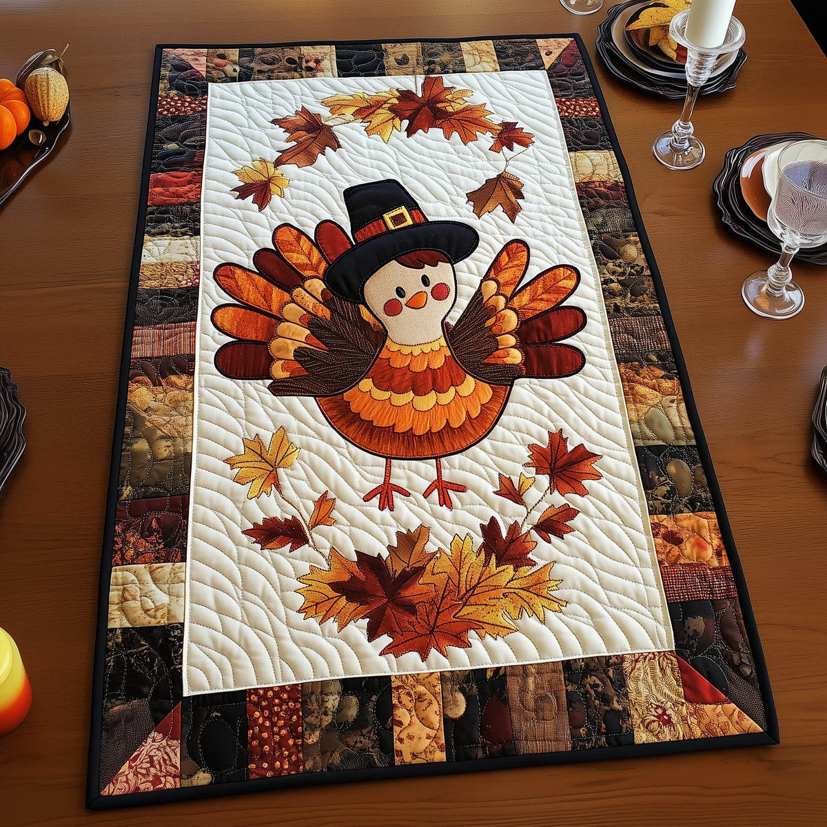 Turkey in a Pilgrim Hat Table Runner