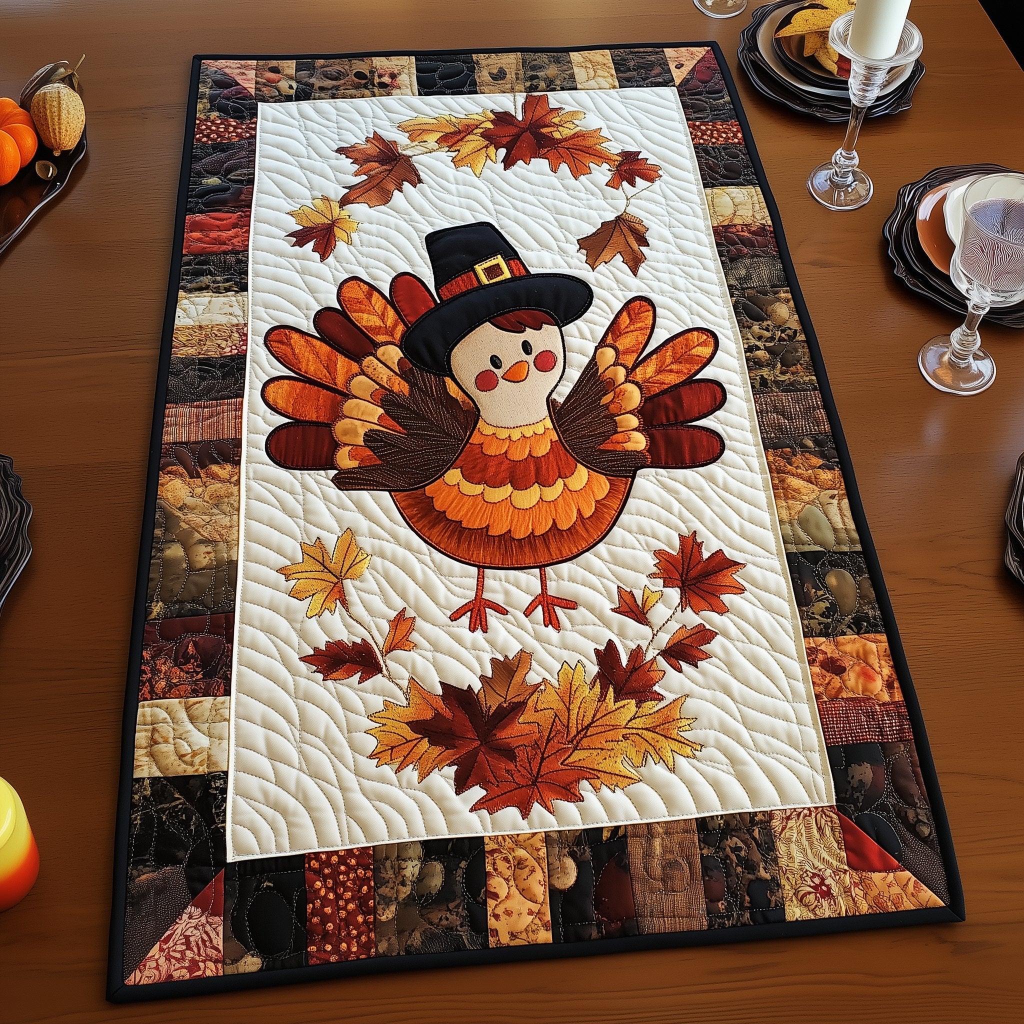 Turkey in a Pilgrim Hat Table Runner
