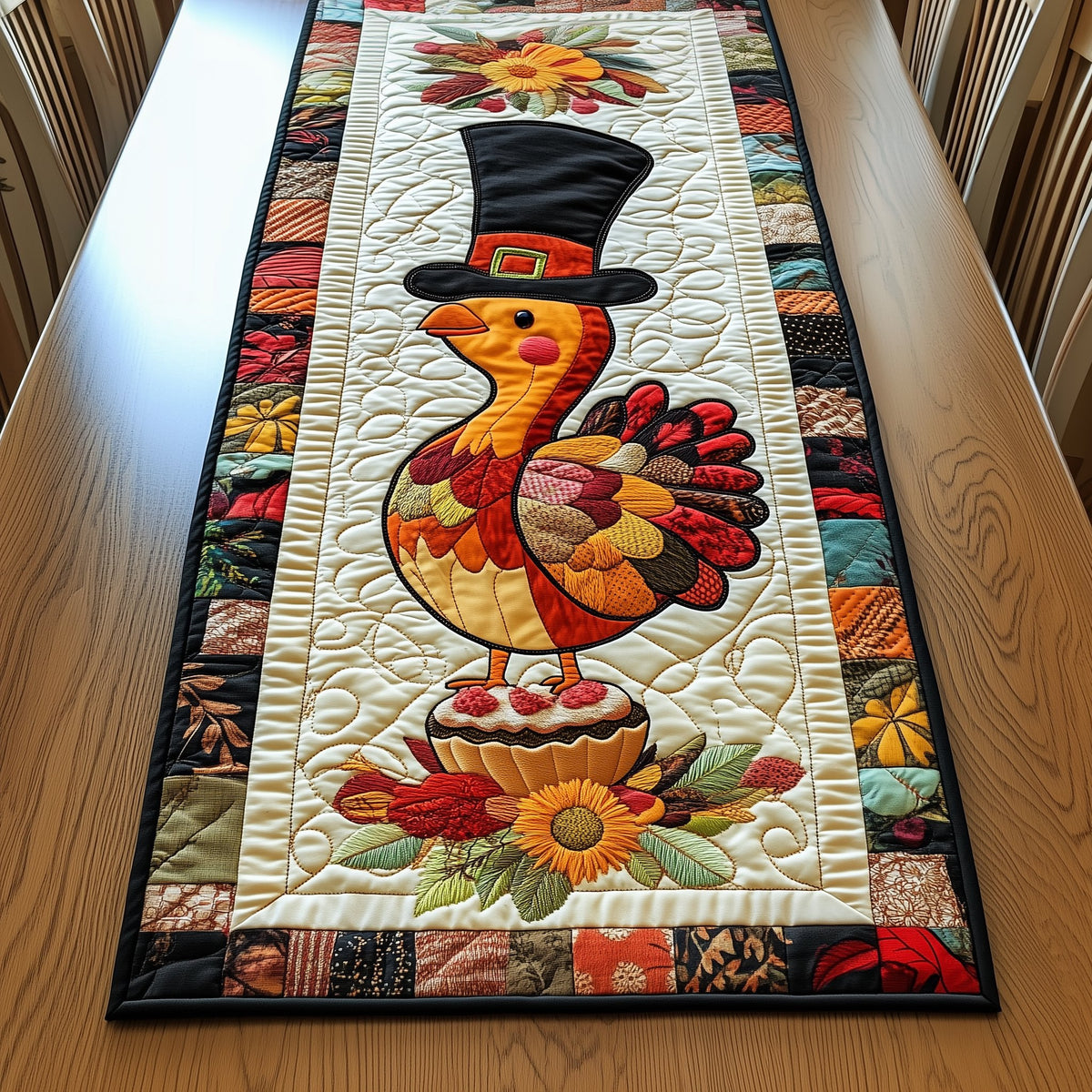 Turkey Above Flowers and Fruit Table Runner