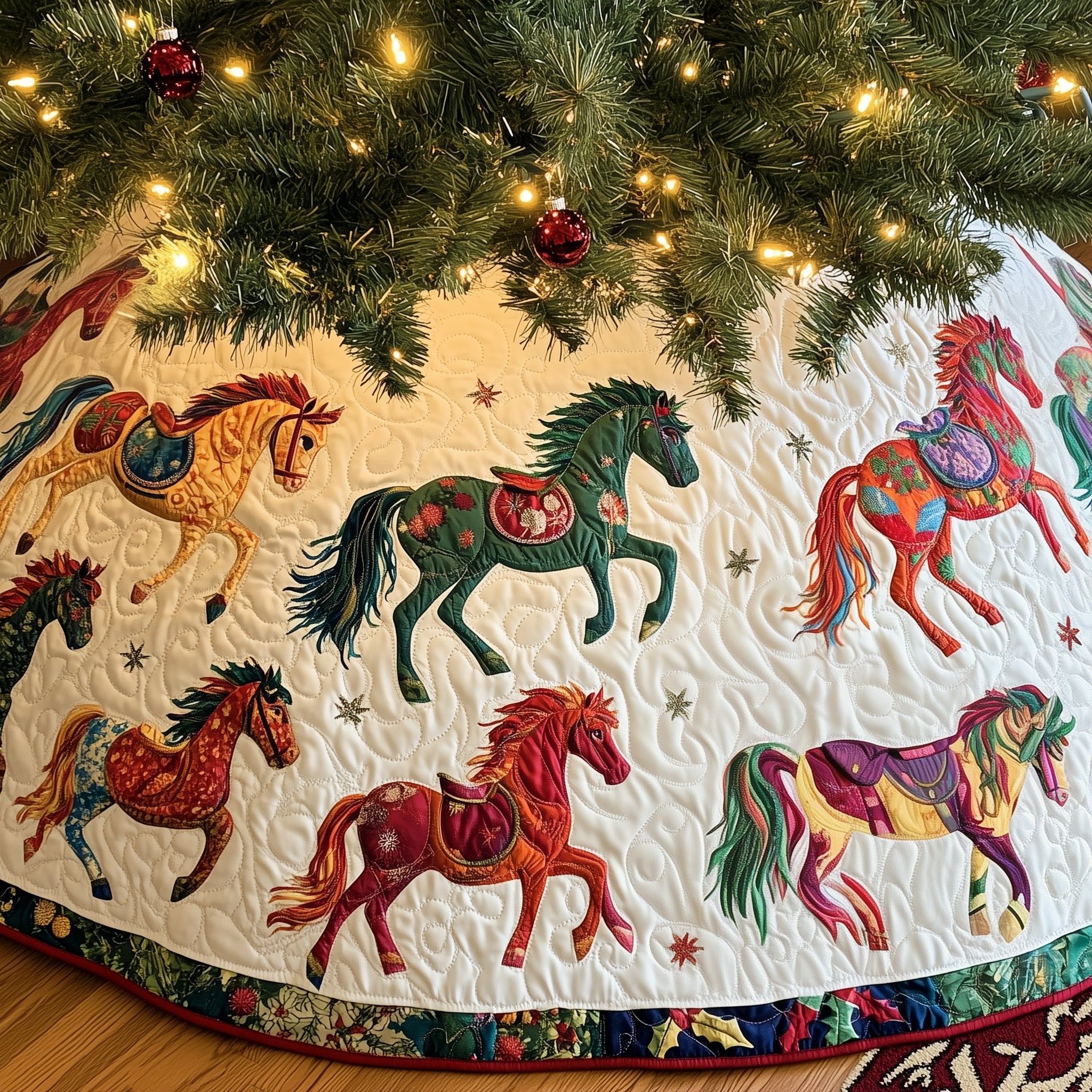 Colorful Running Horses on Cream Christmas Tree Skirt