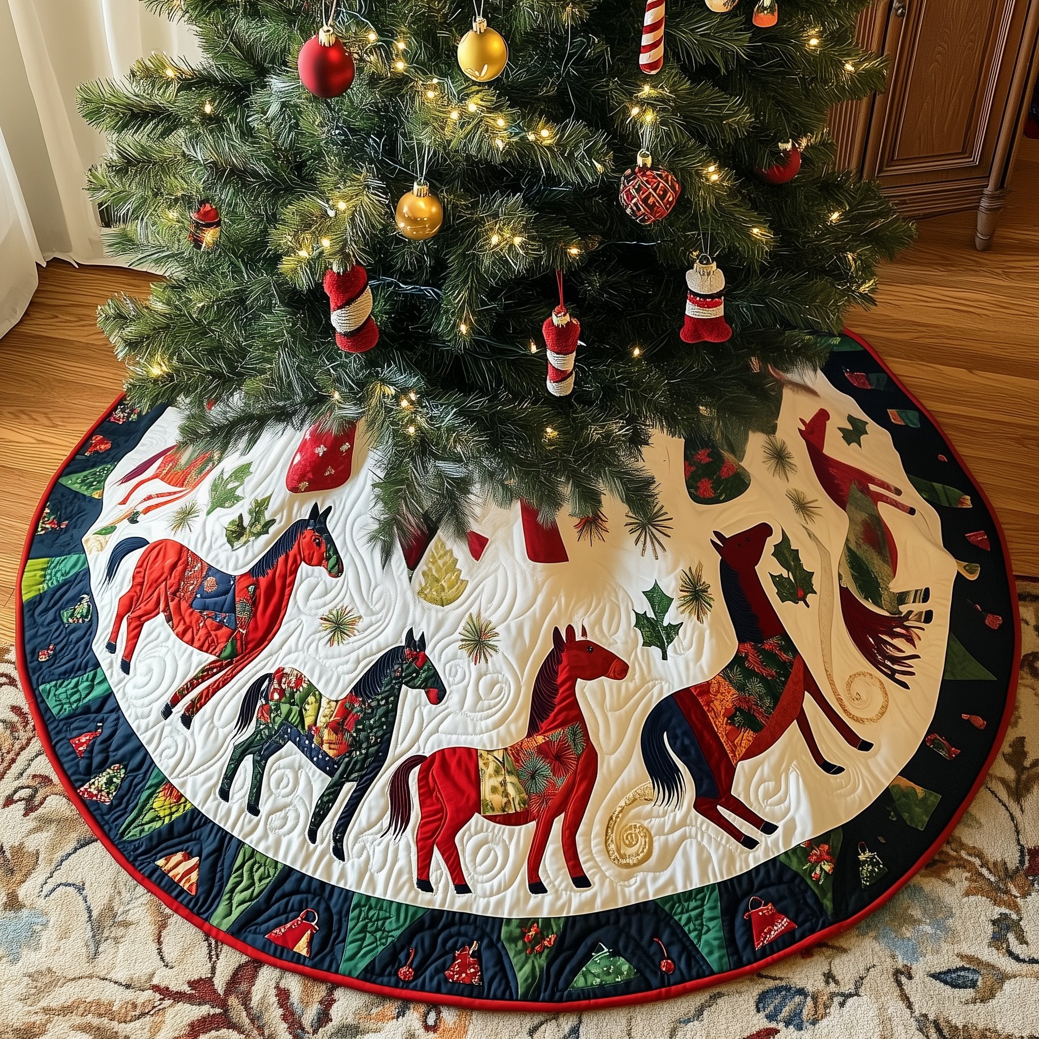 Red and Navy Horses with Holly Border Christmas Tree Skirt