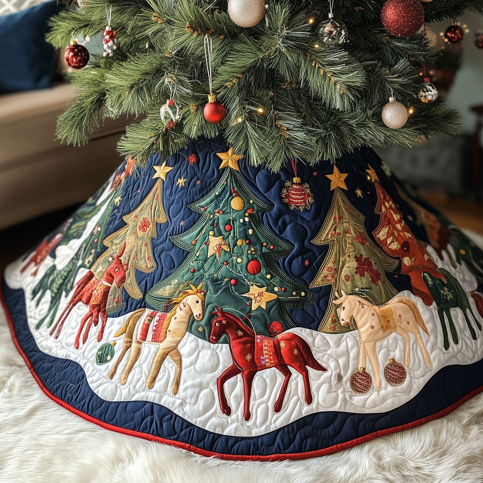 Rocking Horses on the Navy Winter Night Christmas Tree Skirt