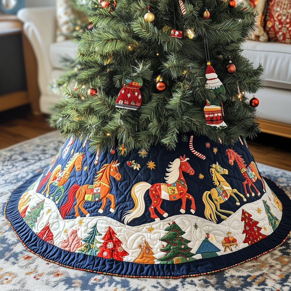 Galloping Horses over the Snowy Village Christmas Tree Skirt