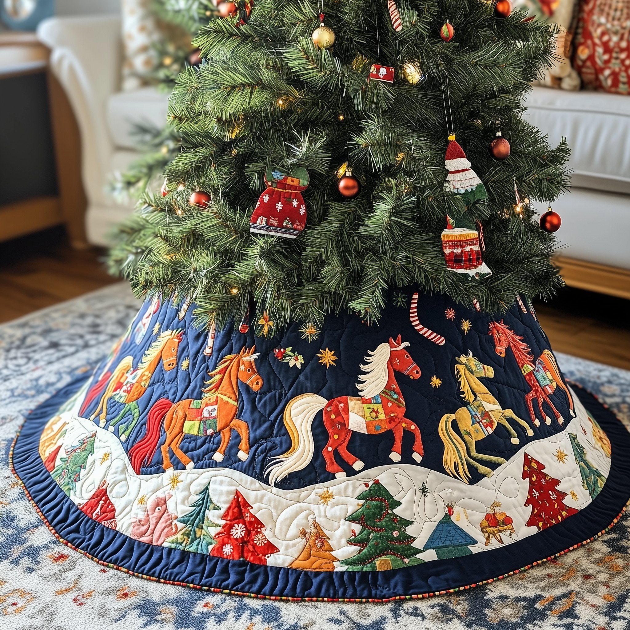 Galloping Horses over the Snowy Village Christmas Tree Skirt