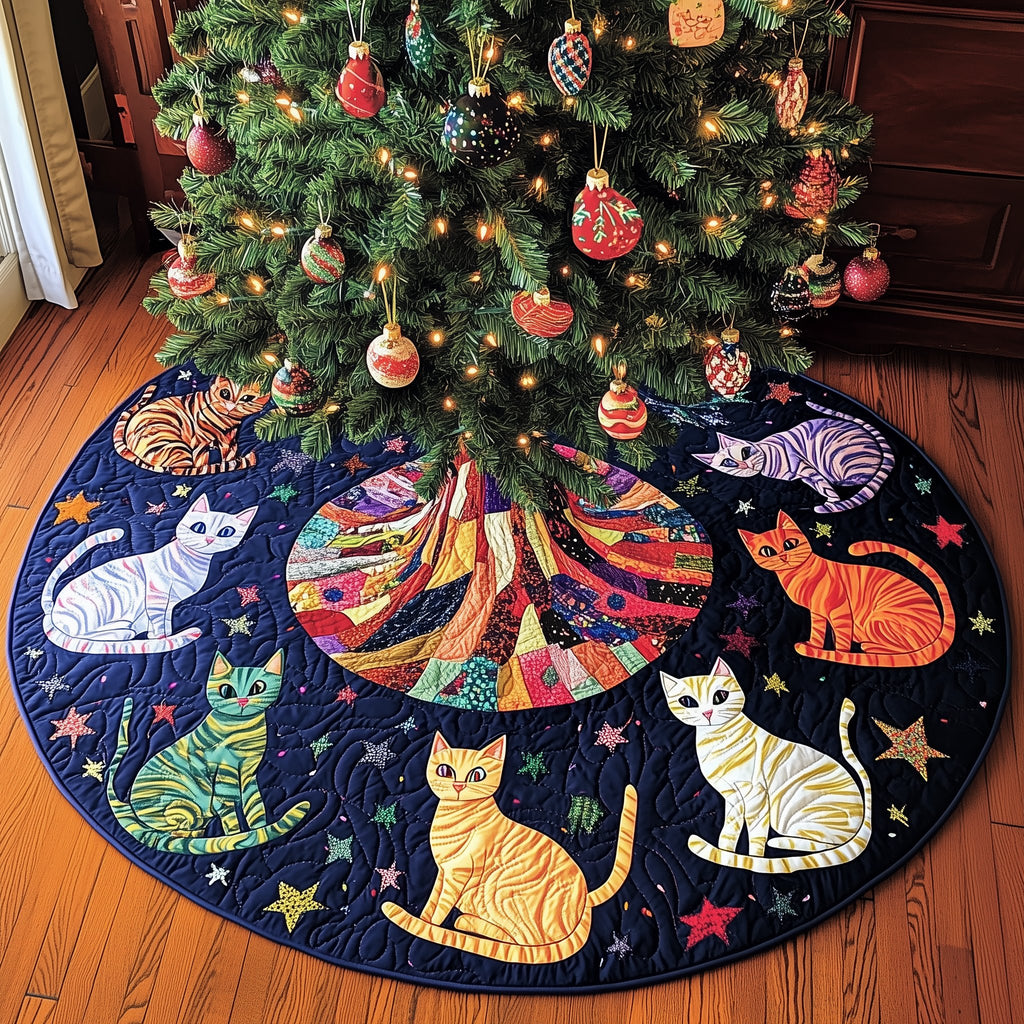 Colorful Cats Under a Starry Sky Christmas Tree Skirt