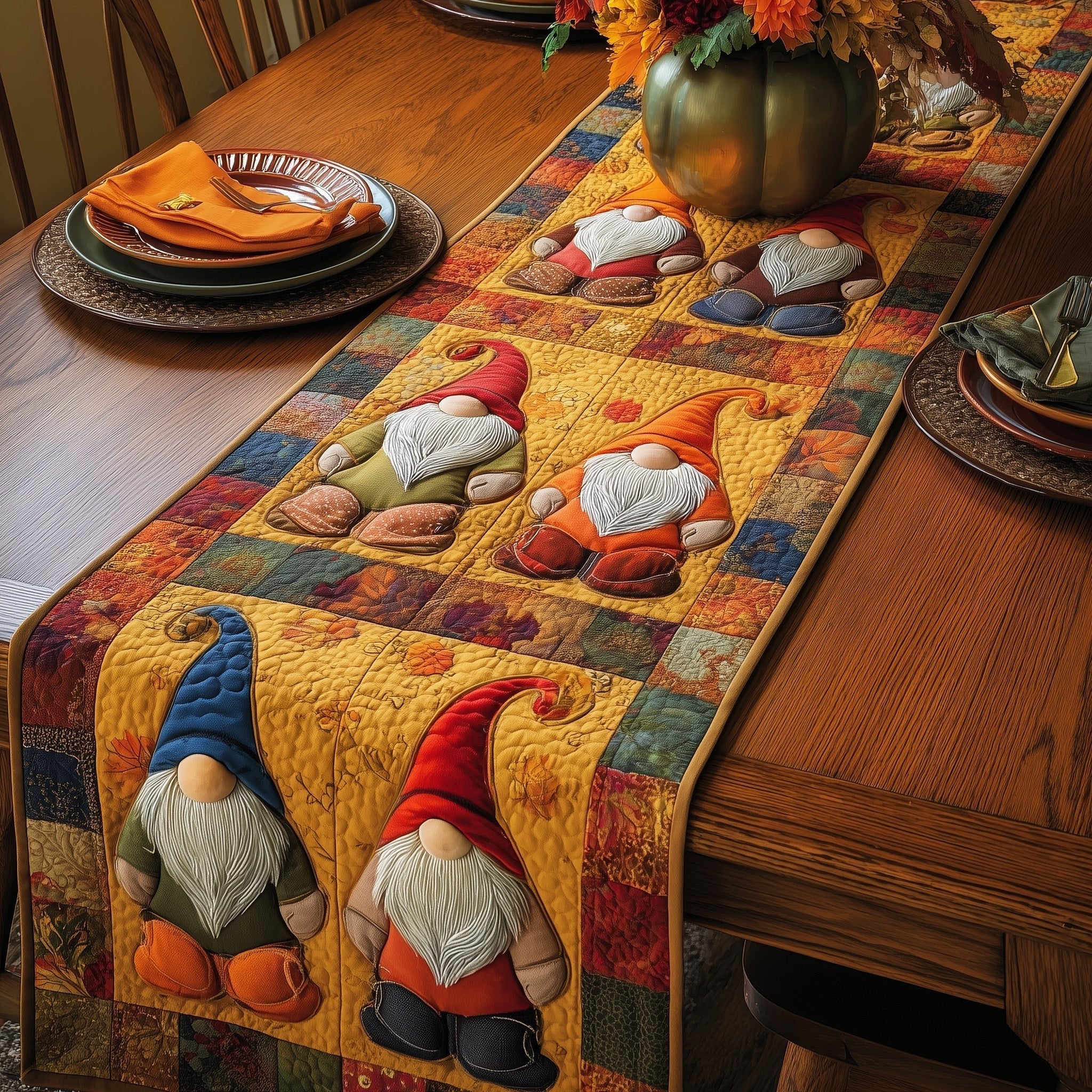 Blue and Red Gnomes on Gold Table Runner
