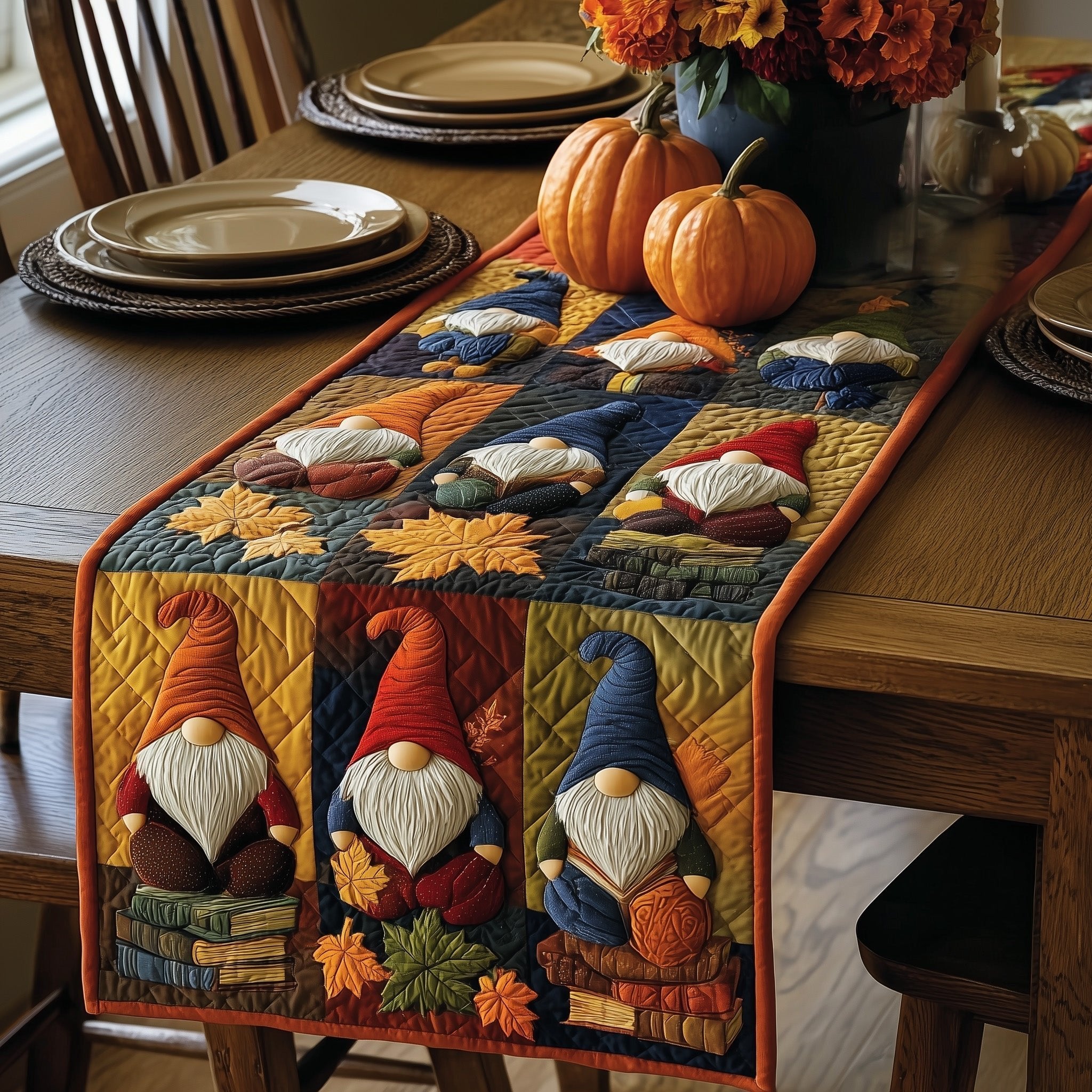 Three Gnomes on Navy Blocks Table Runner